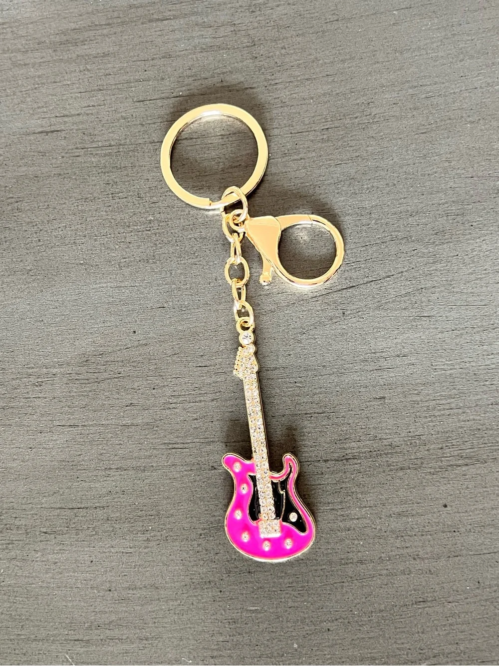 Hot Pink & Black Enamel Electric Guitar Rhinestone Gold Keychain 3.5